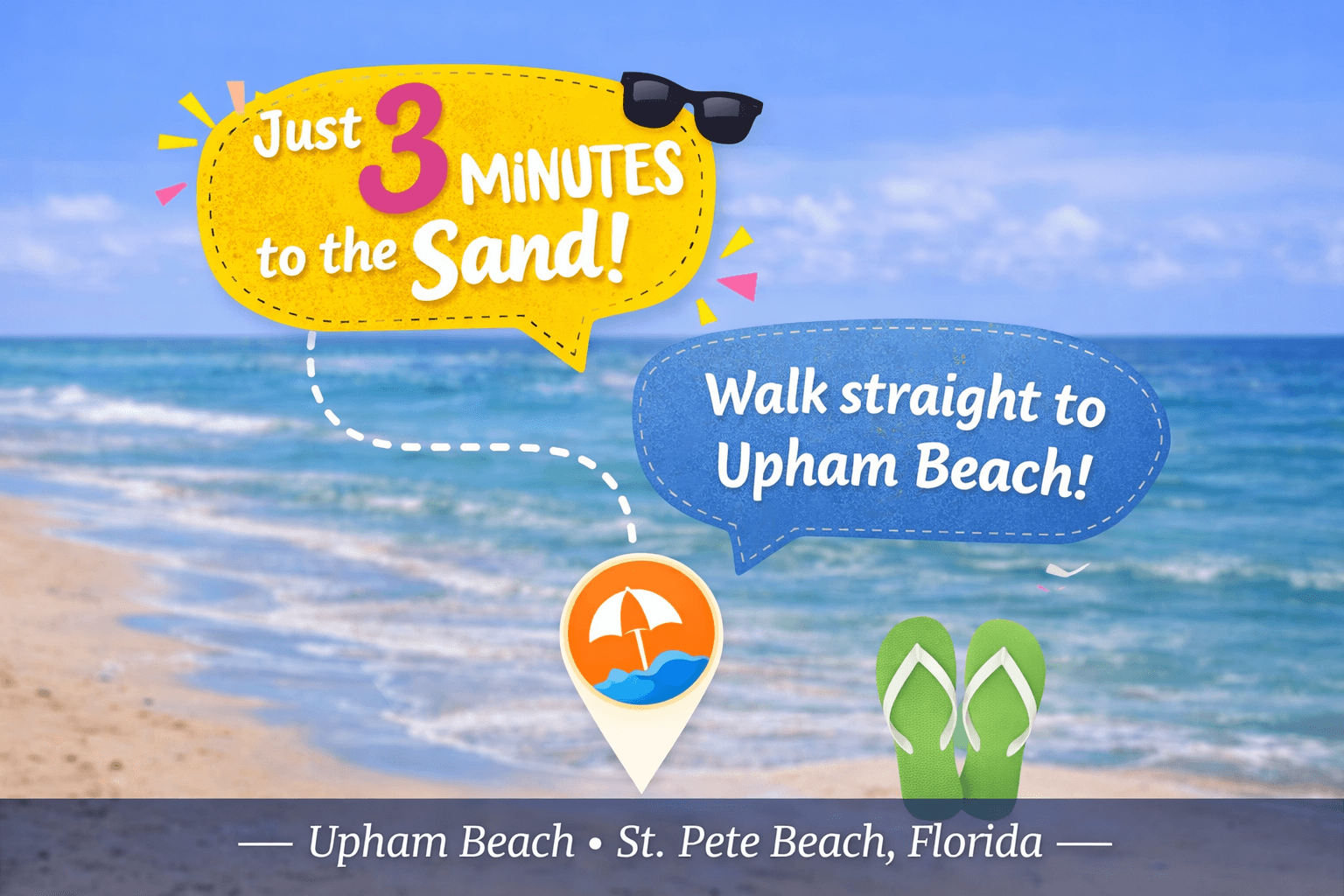 Graphic promoting Upham Beach in St. Pete Beach, Florida, highlighting its proximity to the sand.