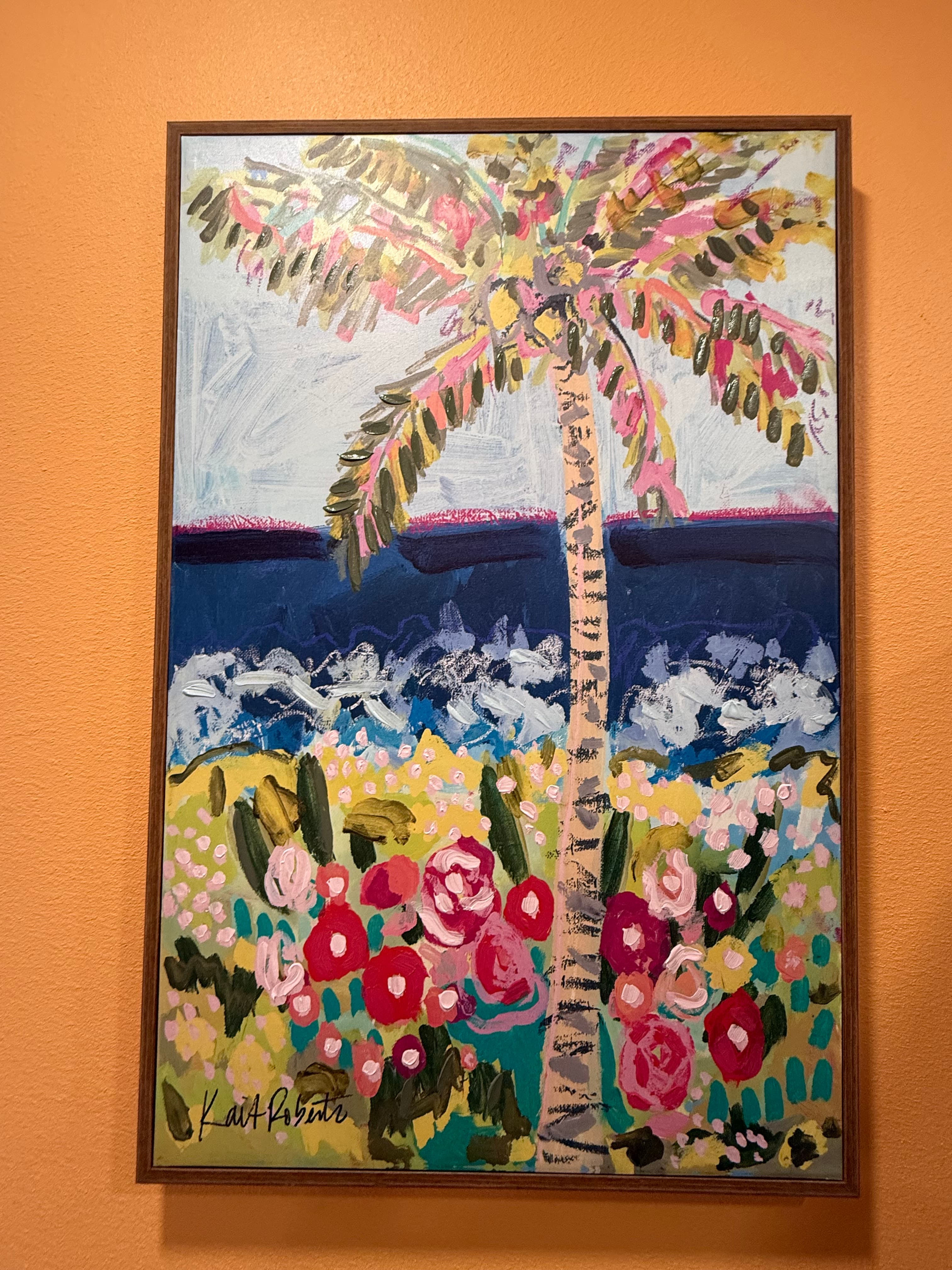A colorful painting of a palm tree with vibrant flowers in the foreground and a blue background.